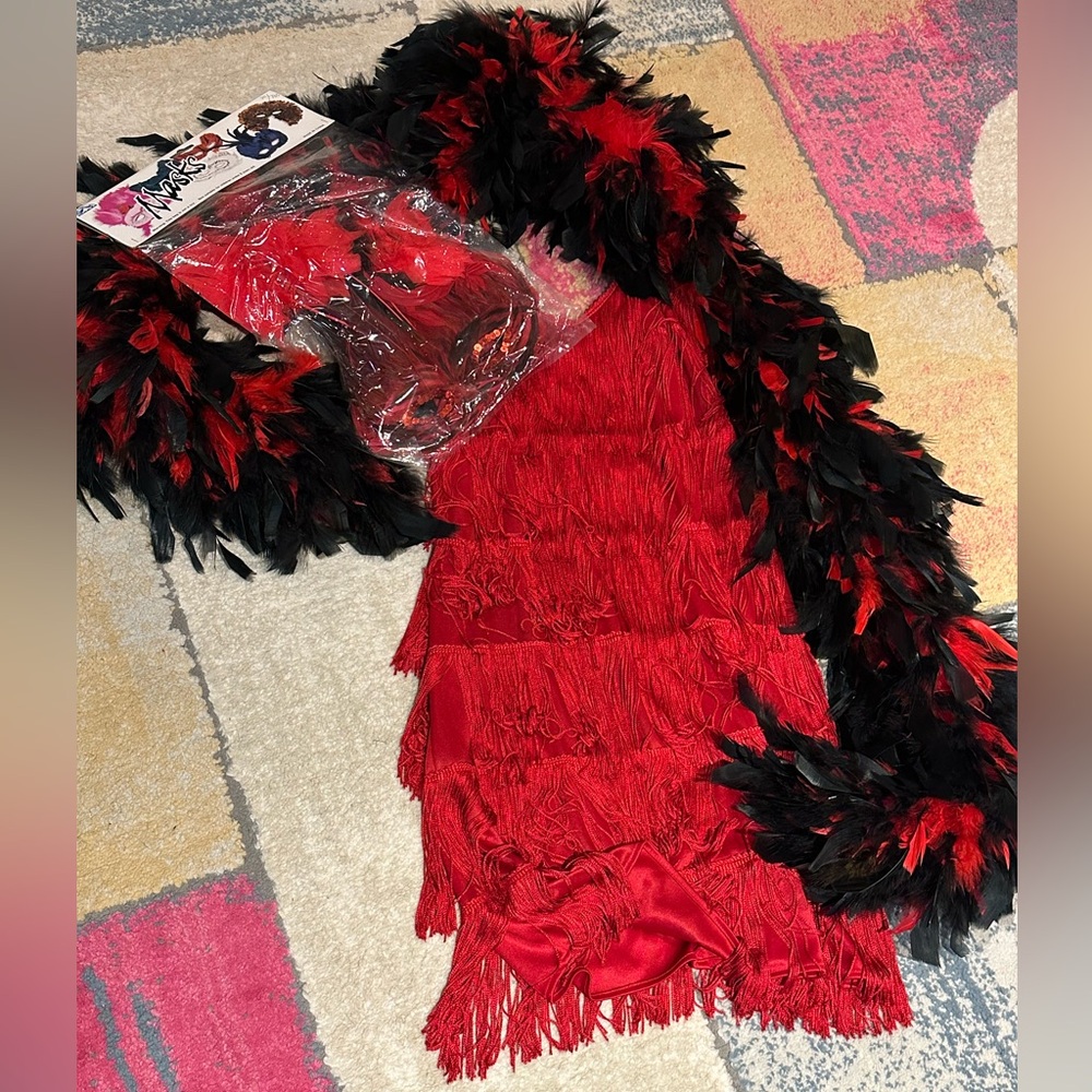 Flapper Halloween costume fringe dress mask & boa red & black Mayvens 7 juniors